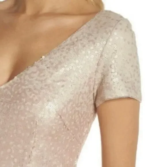 Adrianna Papell Ombre Sequin Gown Dress Blush Pink Short Sleeve V-Neck Size 2 - Picture 5 of 12